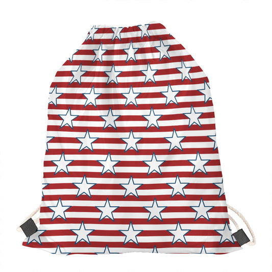 Red Striped USA Star Pattern Print Drawstring Bag