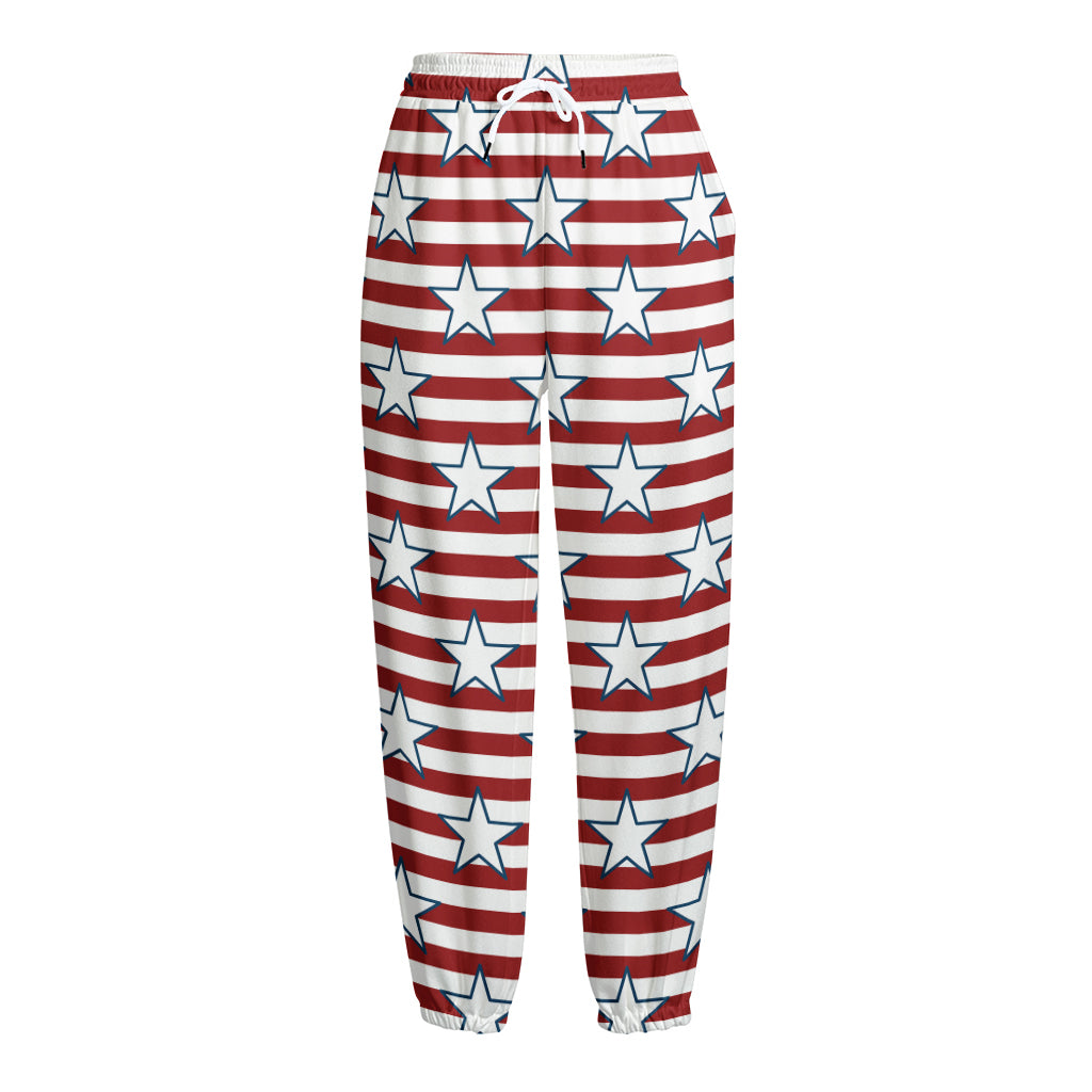 Red Striped USA Star Pattern Print Fleece Lined Knit Pants