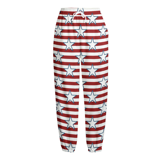Red Striped USA Star Pattern Print Fleece Lined Knit Pants