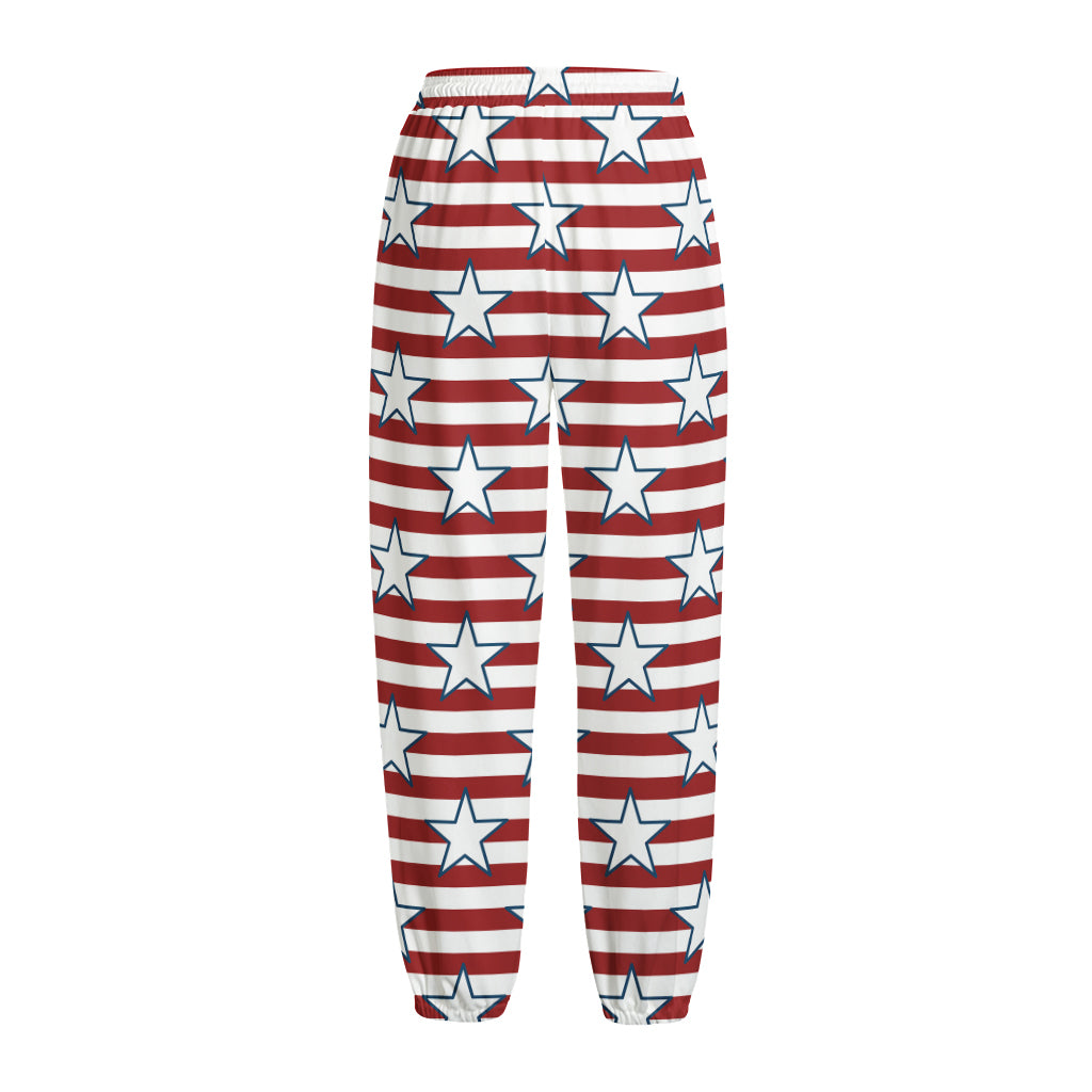 Red Striped USA Star Pattern Print Fleece Lined Knit Pants