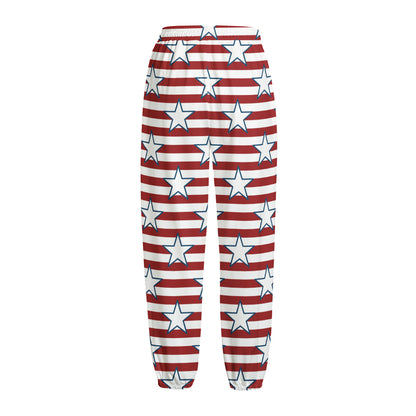 Red Striped USA Star Pattern Print Fleece Lined Knit Pants