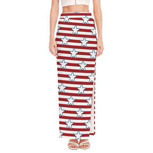 Red Striped USA Star Pattern Print High Slit Maxi Skirt