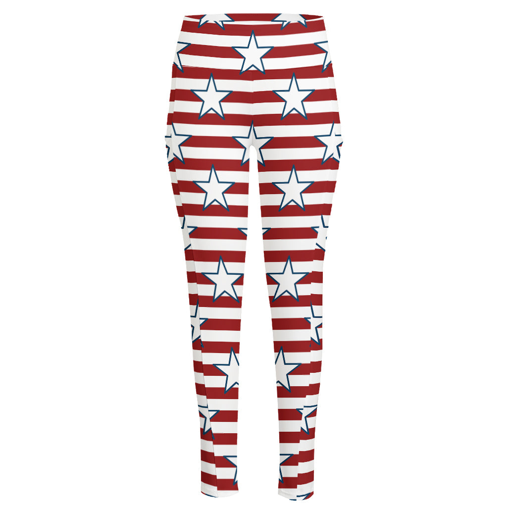 Red Striped USA Star Pattern Print High-Waisted Pocket Leggings