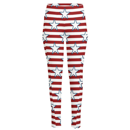 Red Striped USA Star Pattern Print High-Waisted Pocket Leggings