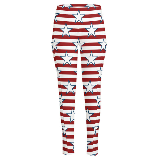 Red Striped USA Star Pattern Print High-Waisted Pocket Leggings