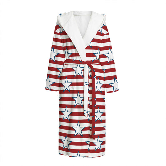 Red Striped USA Star Pattern Print Hooded Bathrobe