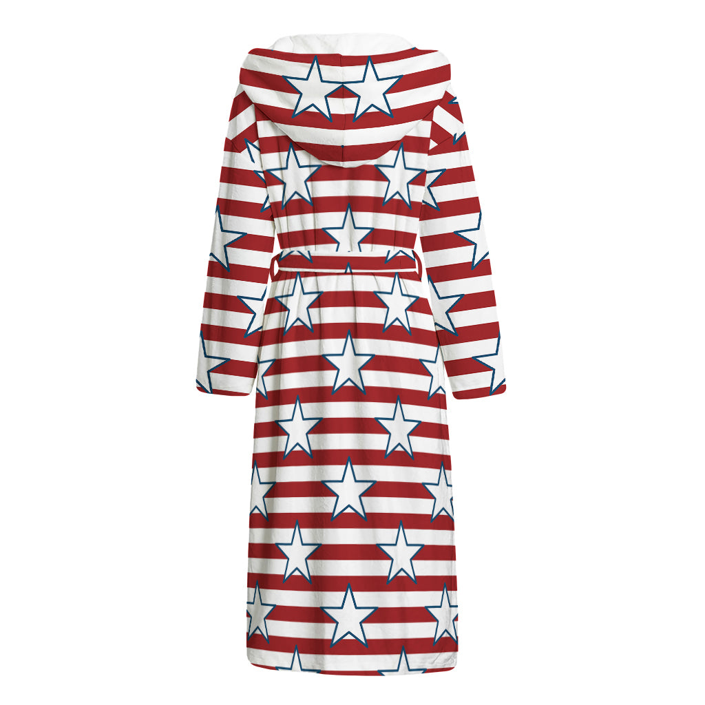 Red Striped USA Star Pattern Print Hooded Bathrobe