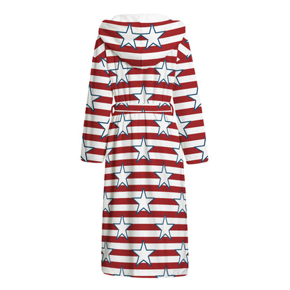 Red Striped USA Star Pattern Print Hooded Bathrobe