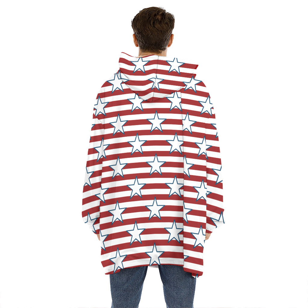 Red Striped USA Star Pattern Print Hoodie Blanket