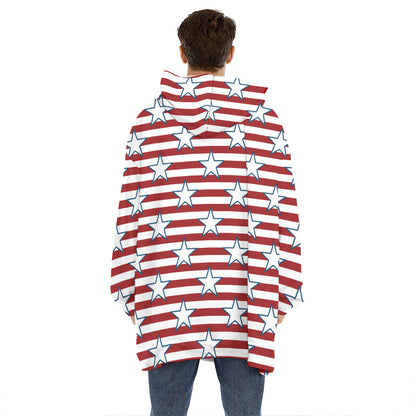 Red Striped USA Star Pattern Print Hoodie Blanket