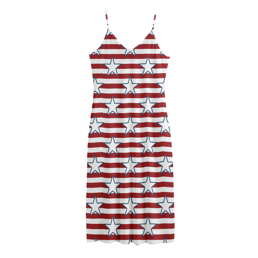 Red Striped USA Star Pattern Print Jersey Midi Cami Dress