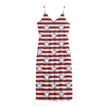 Red Striped USA Star Pattern Print Jersey Midi Cami Dress