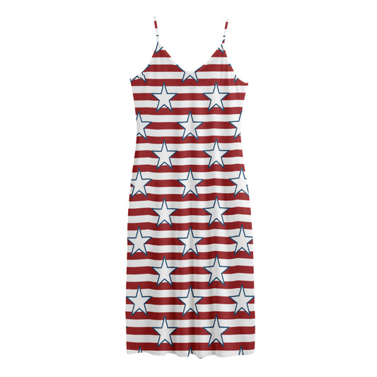 Red Striped USA Star Pattern Print Jersey Midi Cami Dress