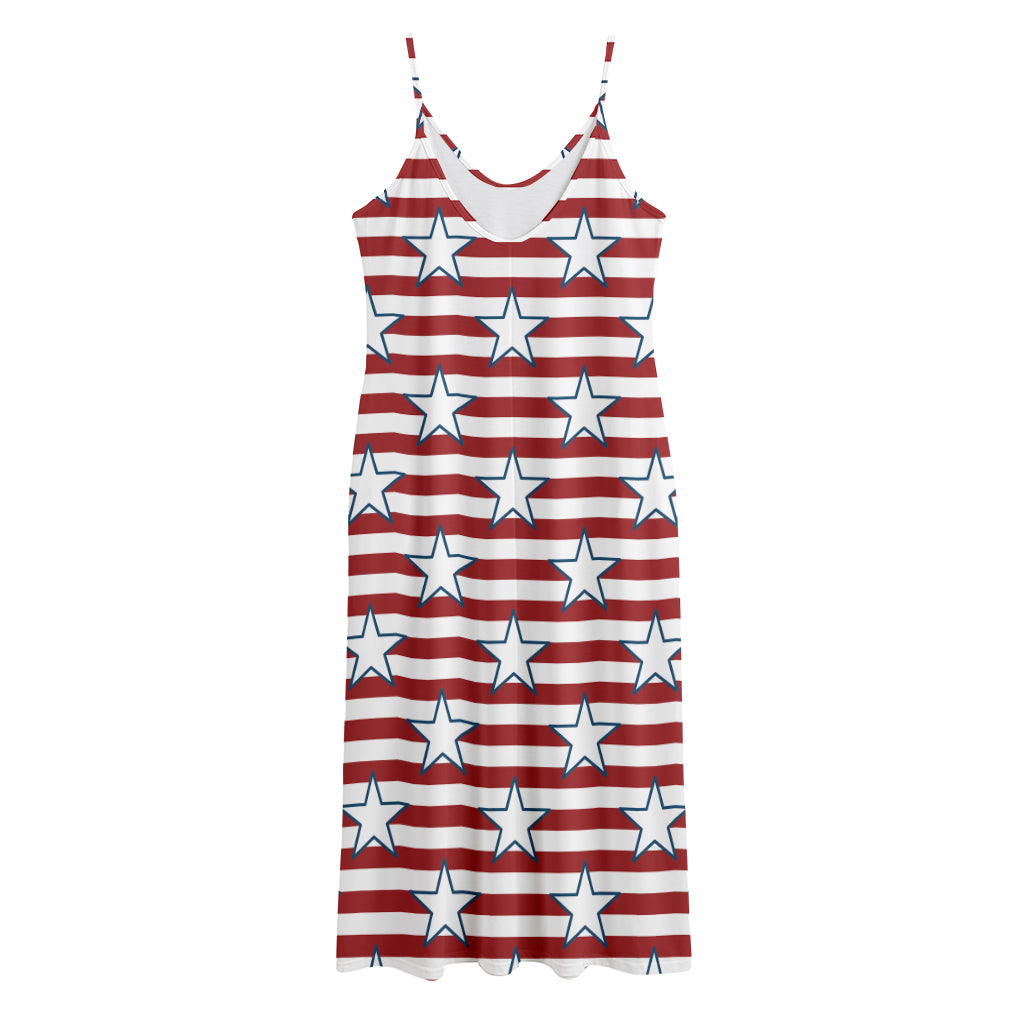 Red Striped USA Star Pattern Print Jersey Midi Cami Dress