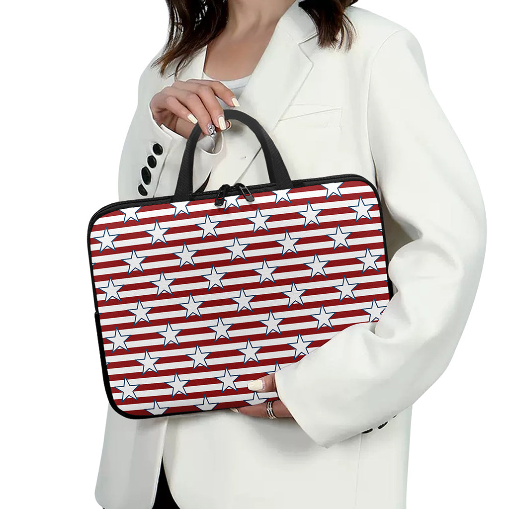 Red Striped USA Star Pattern Print Laptop Sleeve With Handle