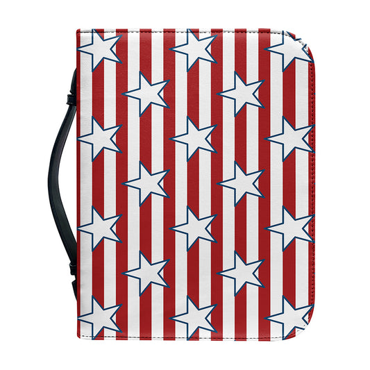 Red Striped USA Star Pattern Print Leather Bible Cover