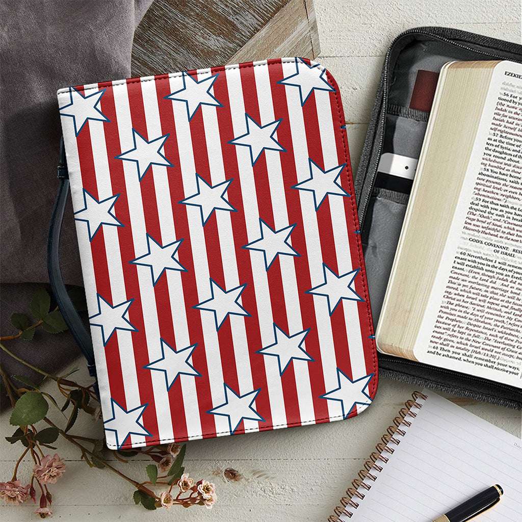 Red Striped USA Star Pattern Print Leather Bible Cover