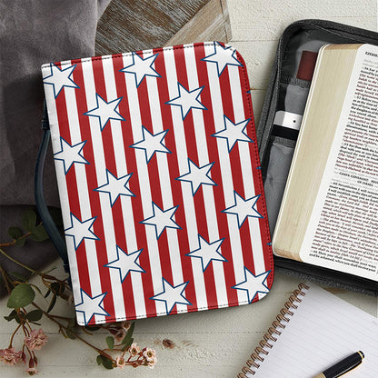 Red Striped USA Star Pattern Print Leather Bible Cover