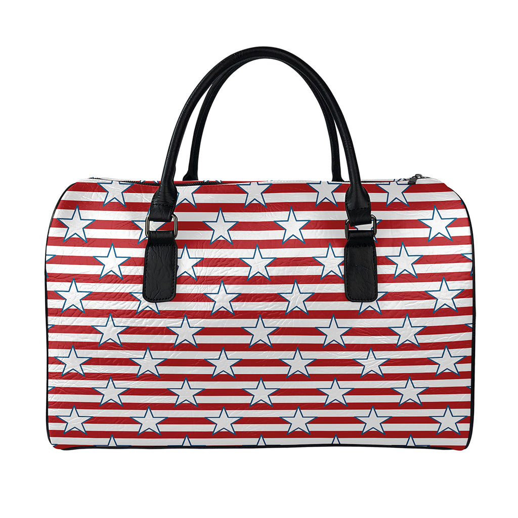 Red Striped USA Star Pattern Print Leather Duffle Bag
