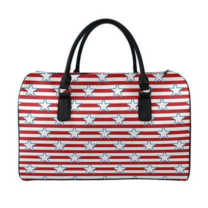 Red Striped USA Star Pattern Print Leather Duffle Bag