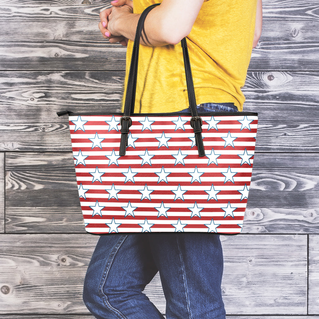Red Striped USA Star Pattern Print Leather Tote Bag