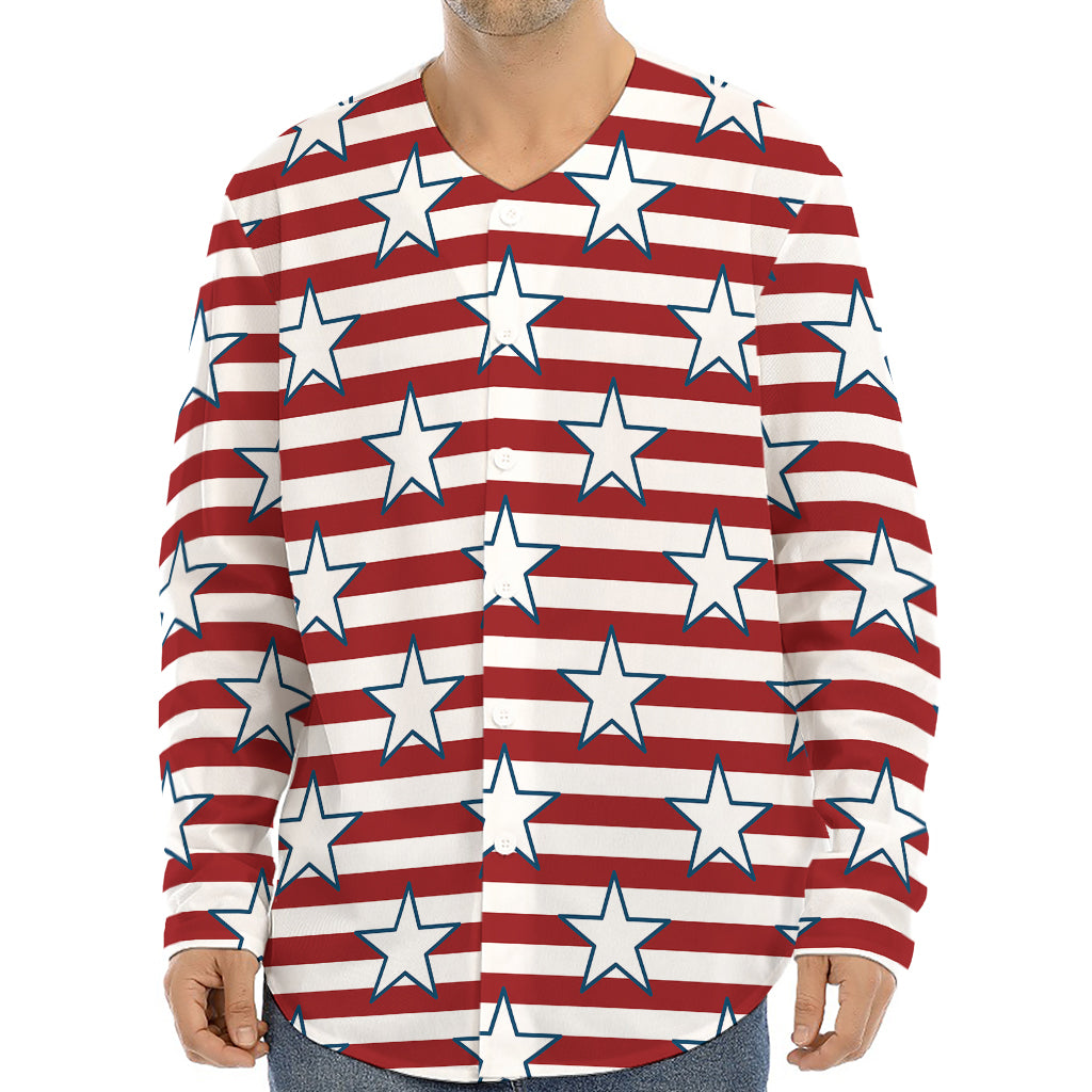 Red Striped USA Star Pattern Print Long Sleeve Baseball Jersey