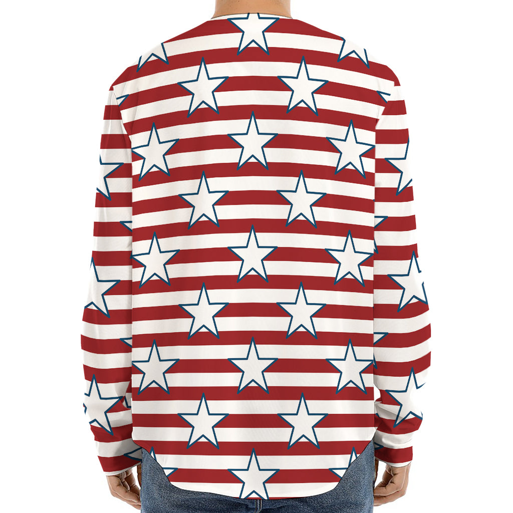 Red Striped USA Star Pattern Print Long Sleeve Baseball Jersey