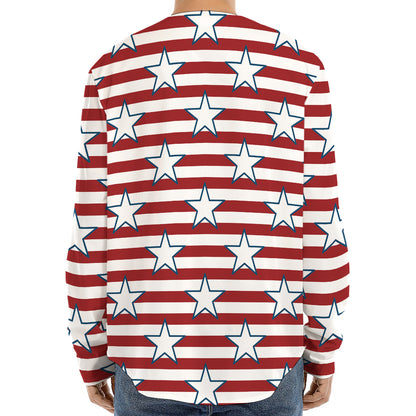 Red Striped USA Star Pattern Print Long Sleeve Baseball Jersey