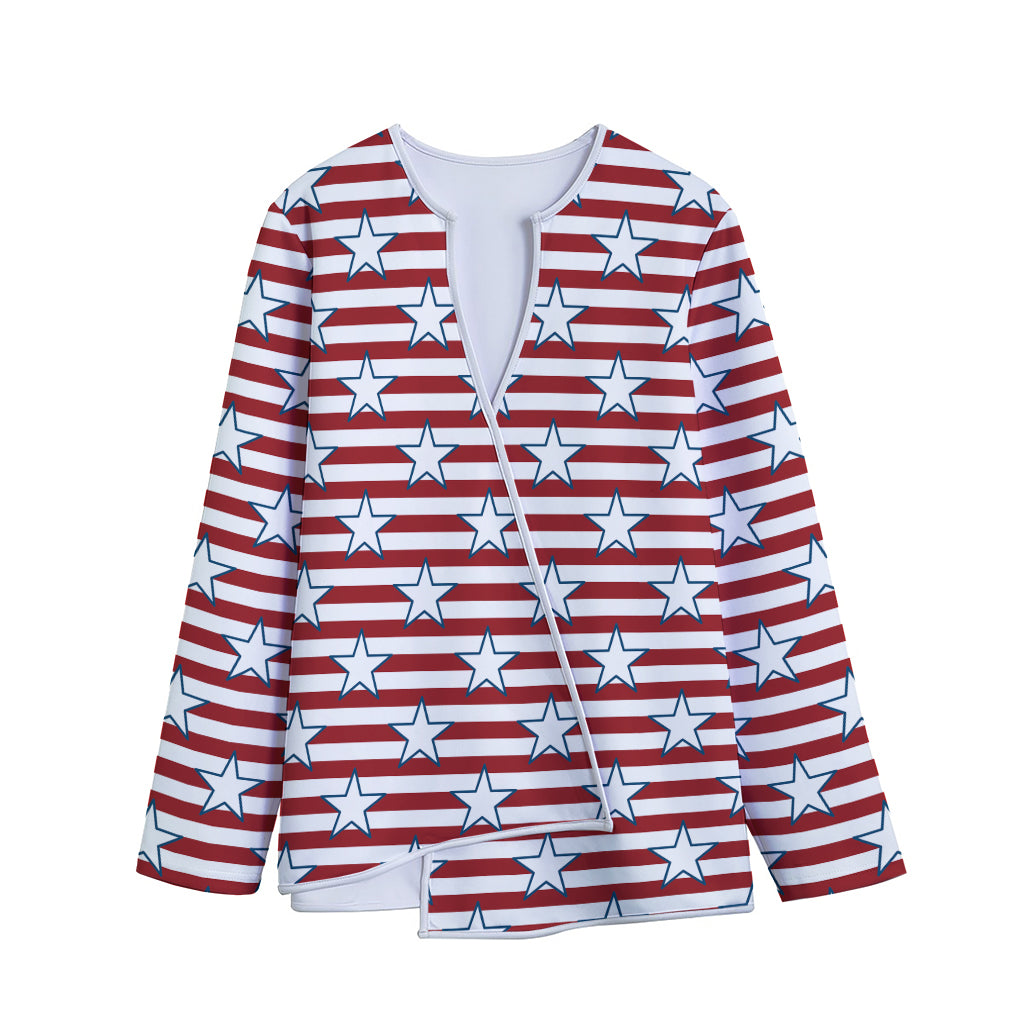 Red Striped USA Star Pattern Print Long Sleeve Short Coat
