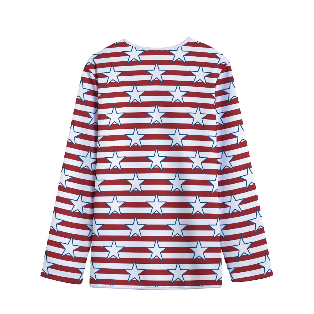 Red Striped USA Star Pattern Print Long Sleeve Short Coat