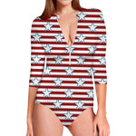 Red Striped USA Star Pattern Print Long Sleeve Swimsuit
