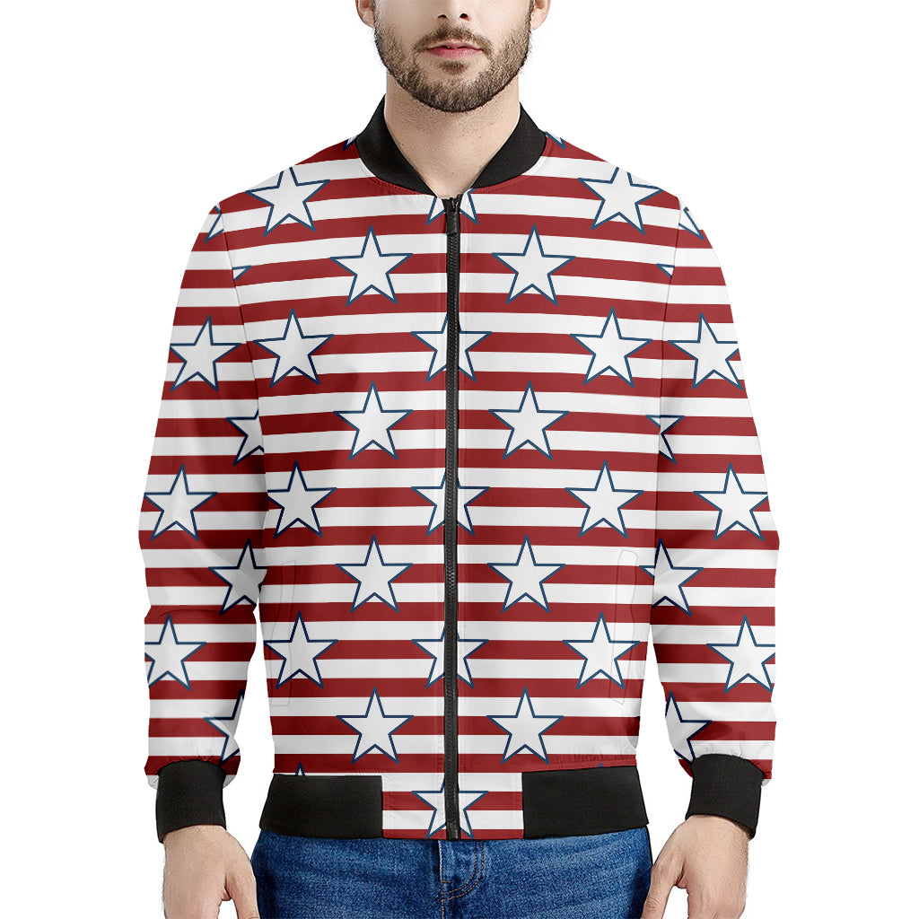 Red Striped USA Star Pattern Print Men's Bomber Jacket