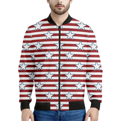 Red Striped USA Star Pattern Print Men's Bomber Jacket