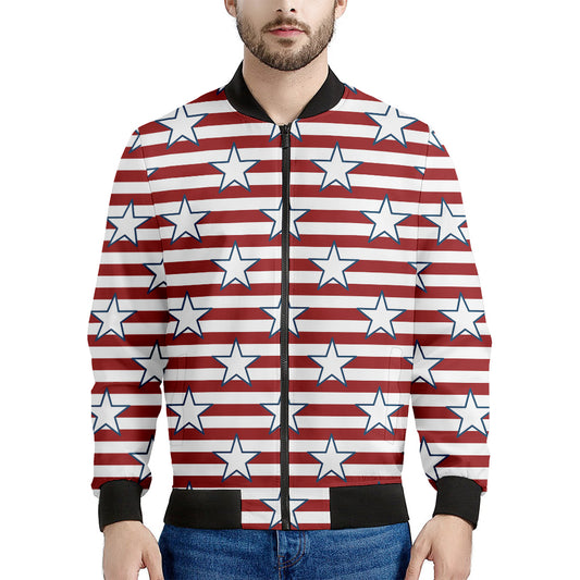 Red Striped USA Star Pattern Print Men's Bomber Jacket