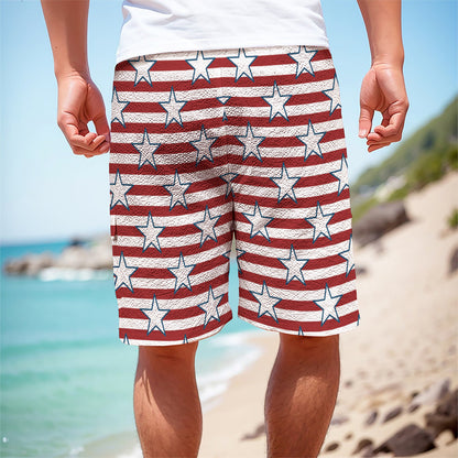 Red Striped USA Star Pattern Print Men's Cargo Shorts