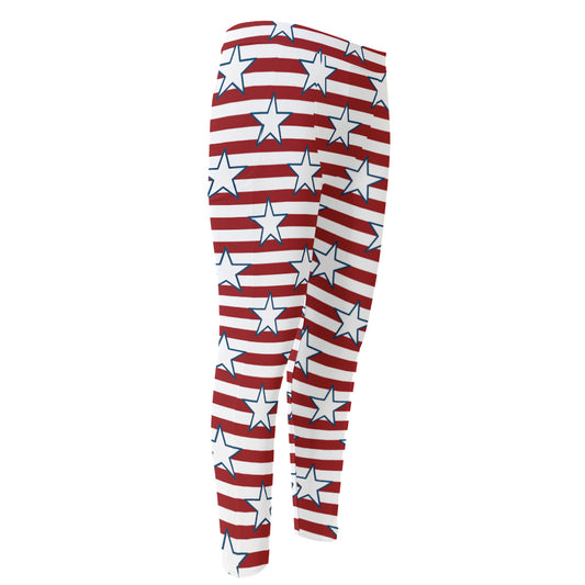 Red Striped USA Star Pattern Print Men's Compression Pants
