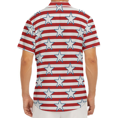 Red Striped USA Star Pattern Print Men's Deep V-Neck Shirt