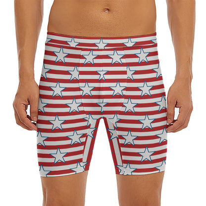 Red Striped USA Star Pattern Print Men's Long Boxer Briefs