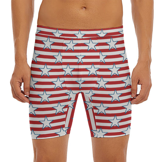 Red Striped USA Star Pattern Print Men's Long Boxer Briefs