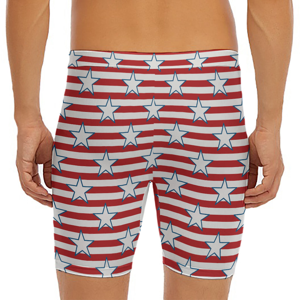 Red Striped USA Star Pattern Print Men's Long Boxer Briefs