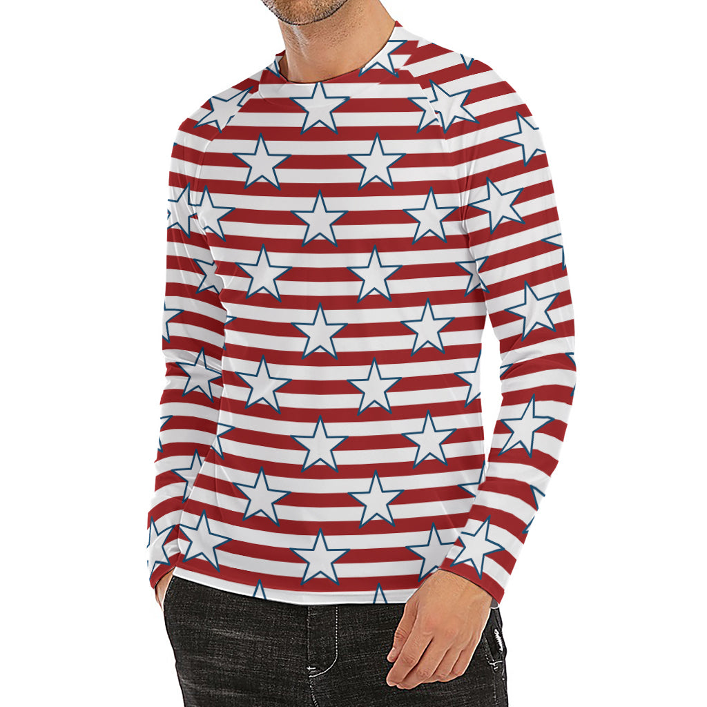 Red Striped USA Star Pattern Print Men's Long Sleeve Rash Guard