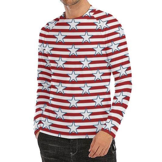 Red Striped USA Star Pattern Print Men's Long Sleeve Rash Guard