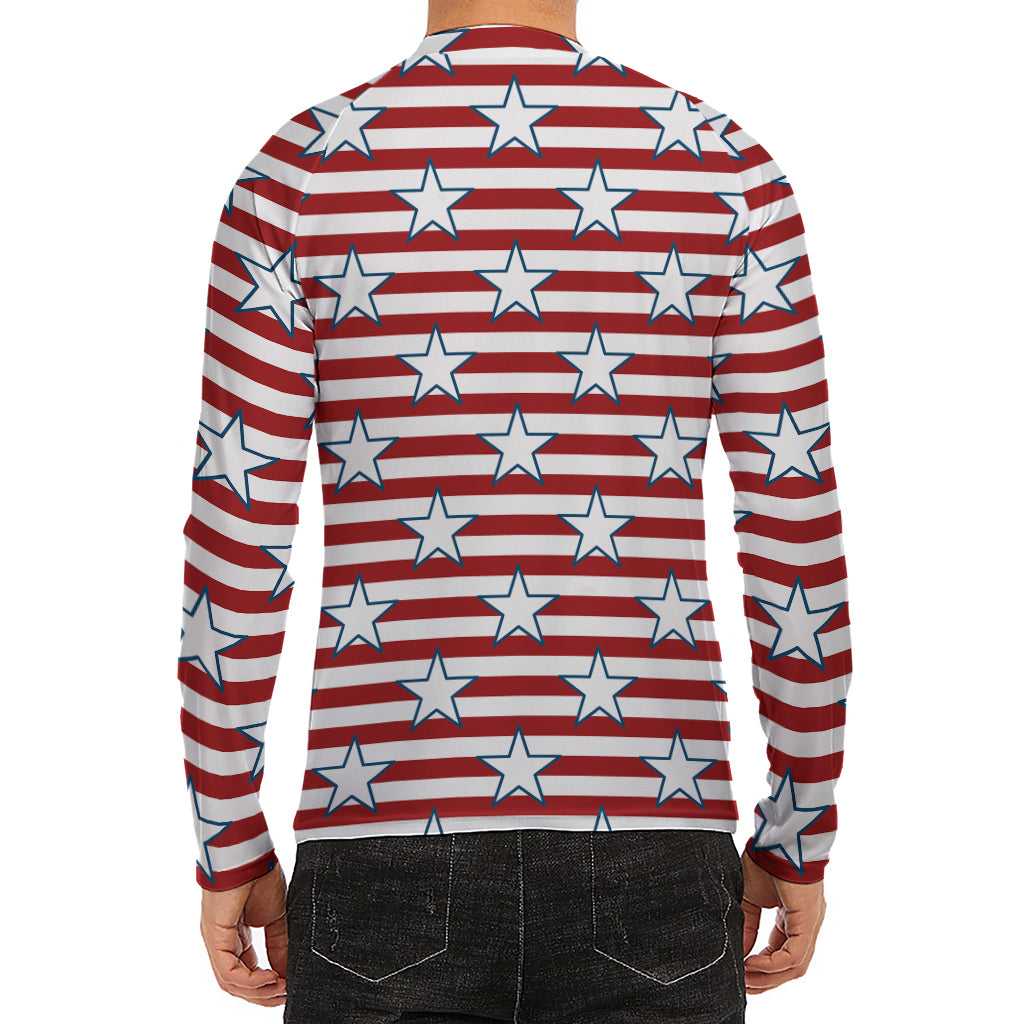 Red Striped USA Star Pattern Print Men's Long Sleeve Rash Guard