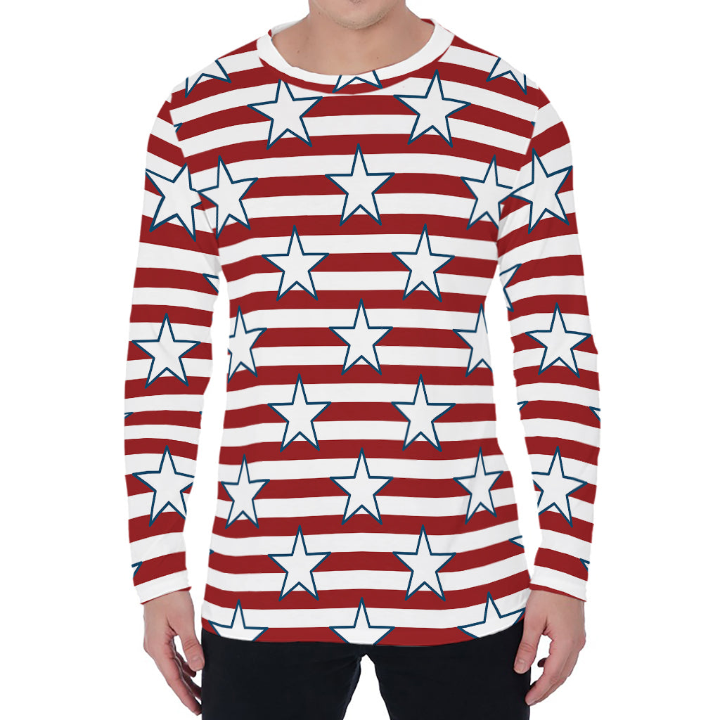 Red Striped USA Star Pattern Print Men's Long Sleeve T-Shirt