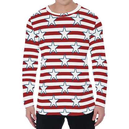 Red Striped USA Star Pattern Print Men's Long Sleeve T-Shirt