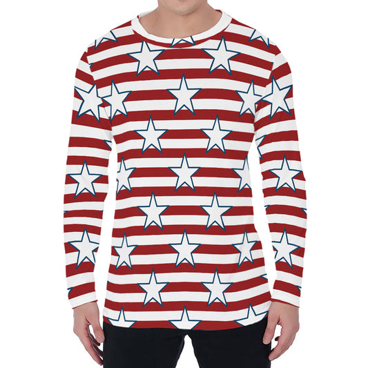 Red Striped USA Star Pattern Print Men's Long Sleeve T-Shirt