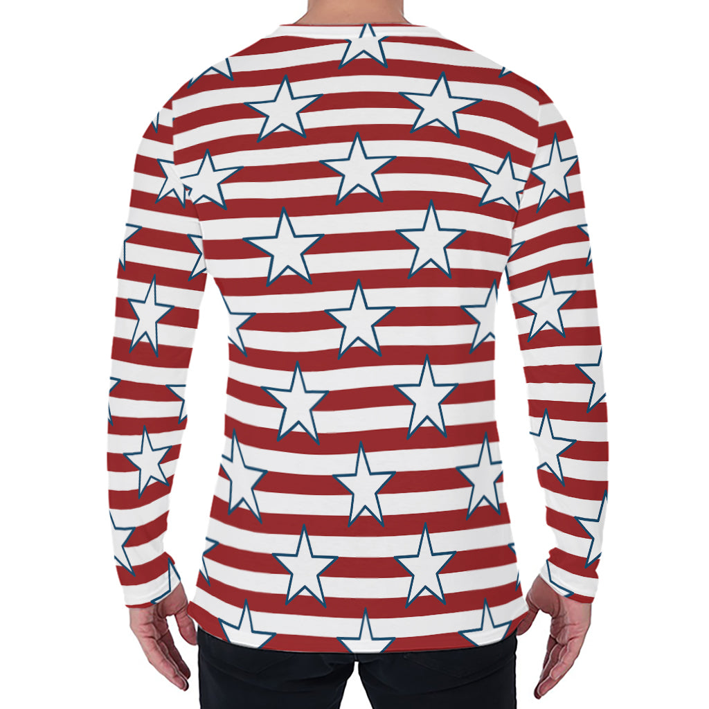 Red Striped USA Star Pattern Print Men's Long Sleeve T-Shirt
