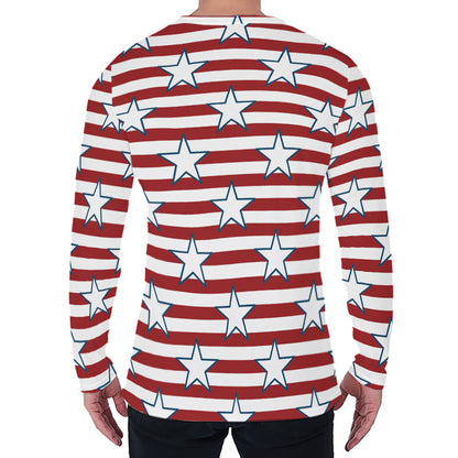 Red Striped USA Star Pattern Print Men's Long Sleeve T-Shirt