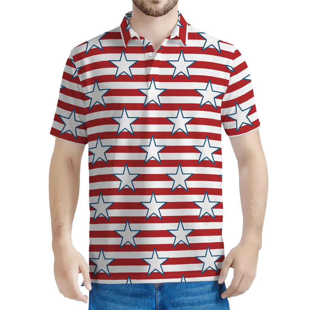Red Striped USA Star Pattern Print Men's Polo Shirt