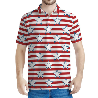 Red Striped USA Star Pattern Print Men's Polo Shirt